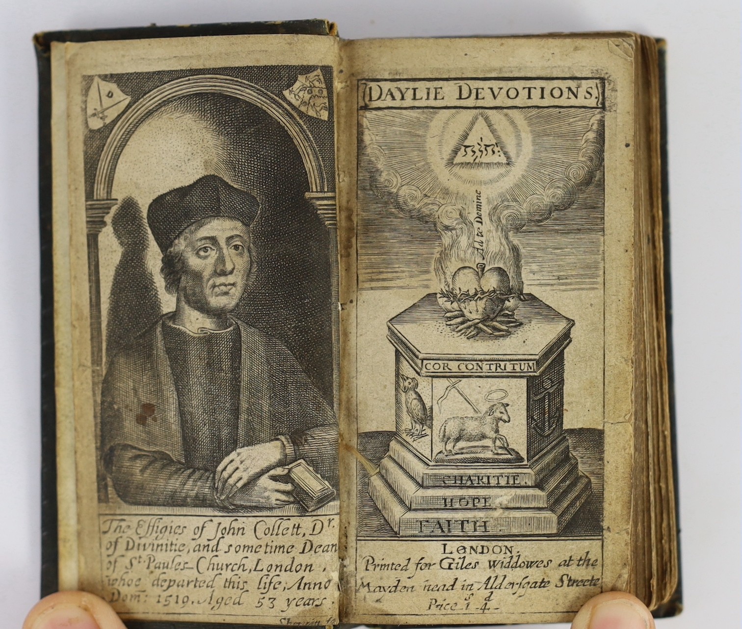 Colet, John - Dayley Devotions. Or, the Christians Morning and Evening Sacrifice ... With some short directions for a godly life ... engraved portrait frontis, pictorial engraved and printed titles; old gilt-ruled straig